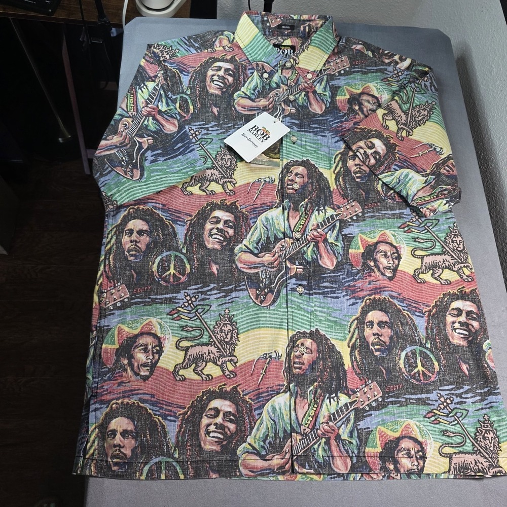 NEW Reyn Spooner Bob Marley Aloha Shirt Mens Large Reggae Graphic Button Down L